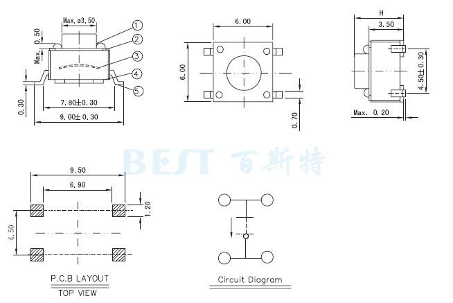 輕觸開(kāi)關(guān)TS-1109W規(guī)格圖紙